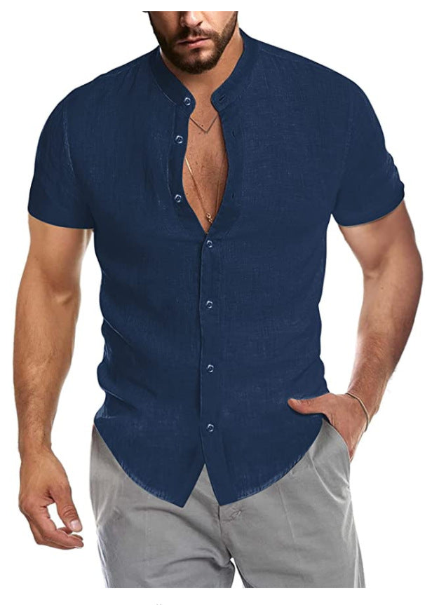 Herren Kurzarm Leinenhemd mit Stehkragen und dezenter Knopfleiste W&W Mode