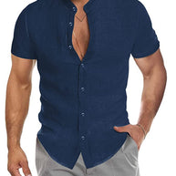 Herren Kurzarm Leinenhemd mit Stehkragen und dezenter Knopfleiste WW