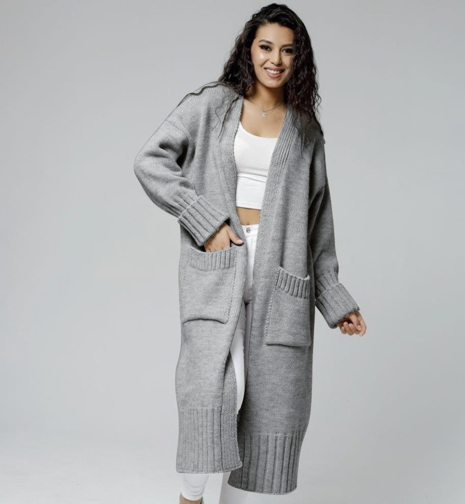 Damen bequemer langer Strickcardigan mit Taschen und breiten Ärmeln WW
