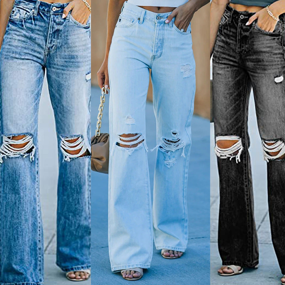 Damen Weite Jeans im Destroyed-Stil mit hohen Taschen und authentischen Details WW