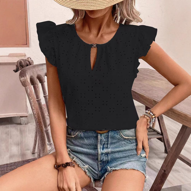 Damen Bluse mit Rüschendetails und Lochstickerei WW