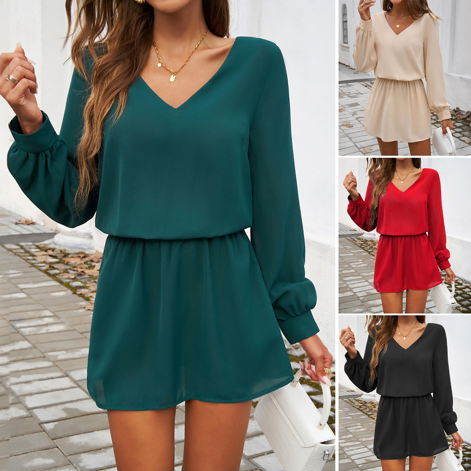 Damen lässiger Jumpsuit mit voluminösen Ärmeln und V-Ausschnitt WW