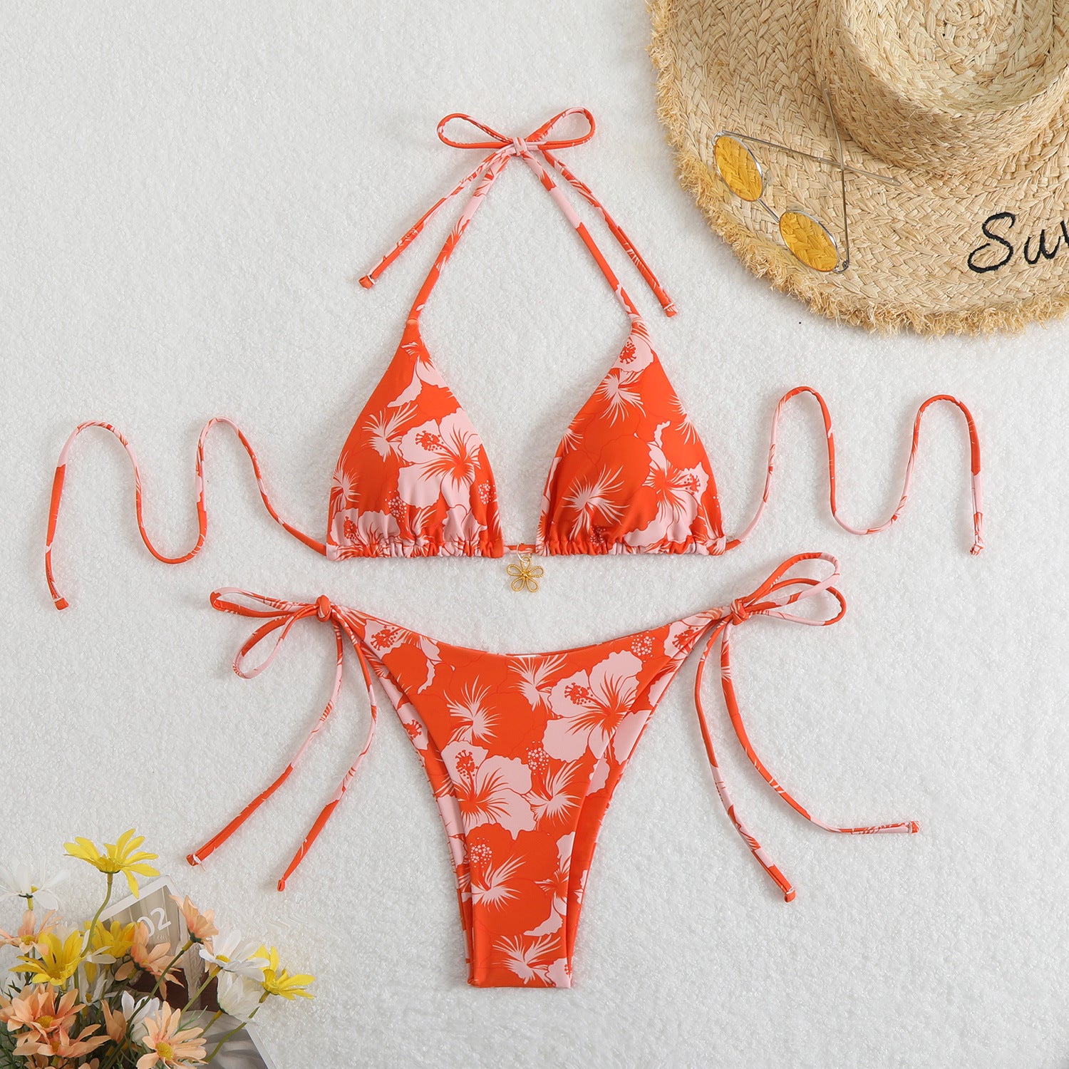 WW | Damen Triangel-Bikini-Set mit verspieltem Blumenmuster und Bindebändern