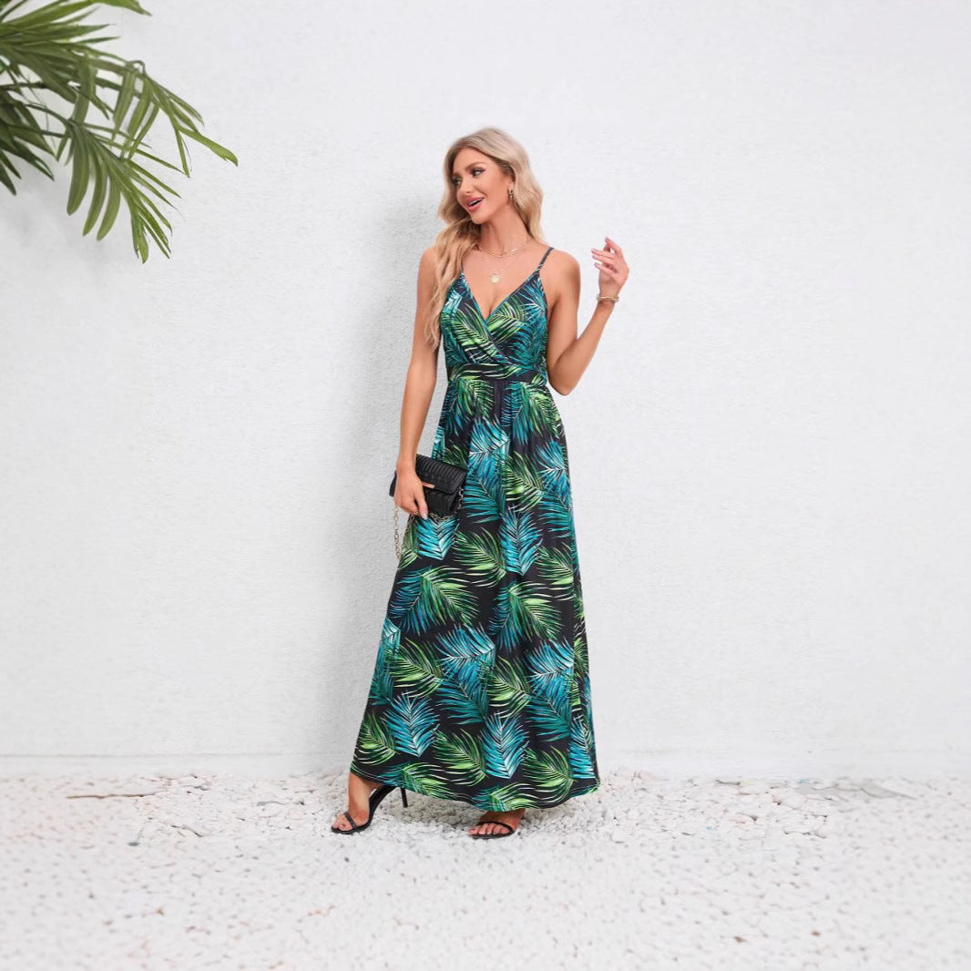 Damen Maxikleid mit zartem V-Ausschnitt und buntem Pflanzenmuster WW