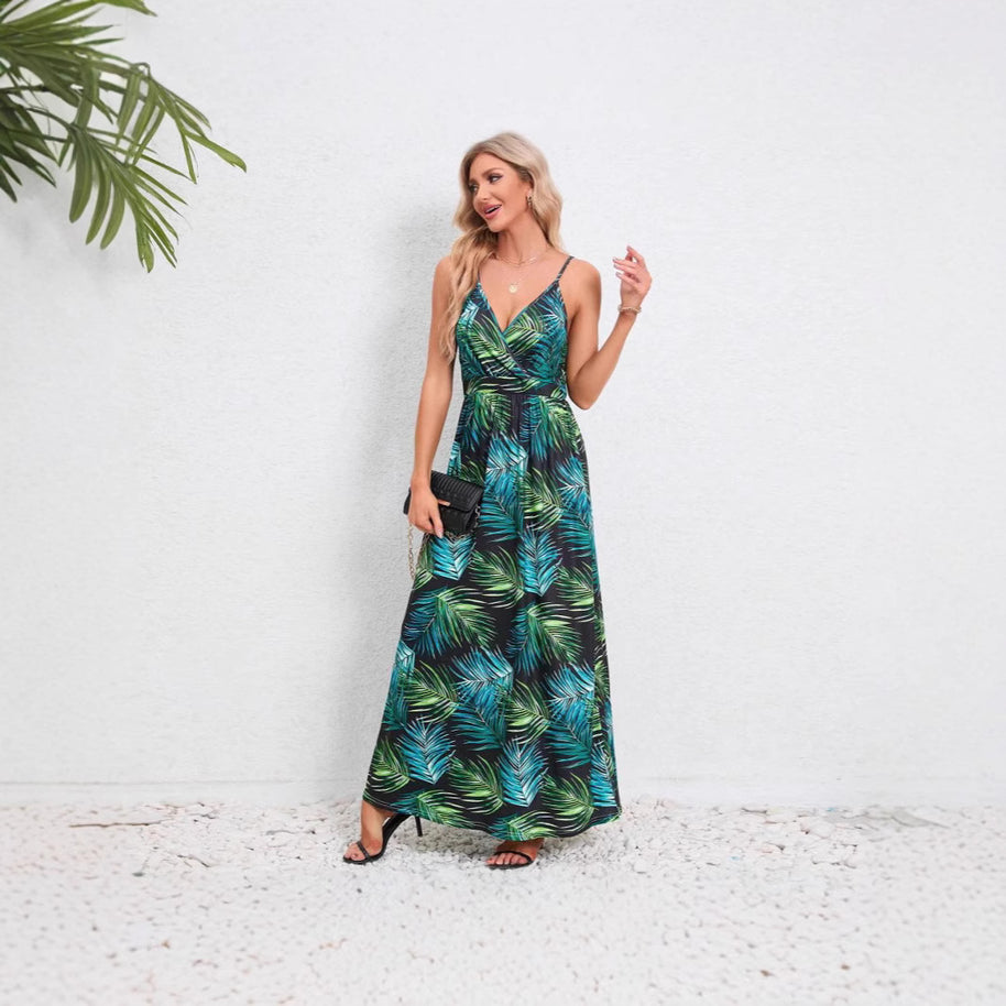 Damen Maxikleid mit zartem V-Ausschnitt und buntem Pflanzenmuster WW