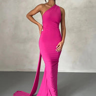 Damen Abendkleid im asymmetrischen Schnitt mit elegantem Schlitz und fließendem Stoff WW