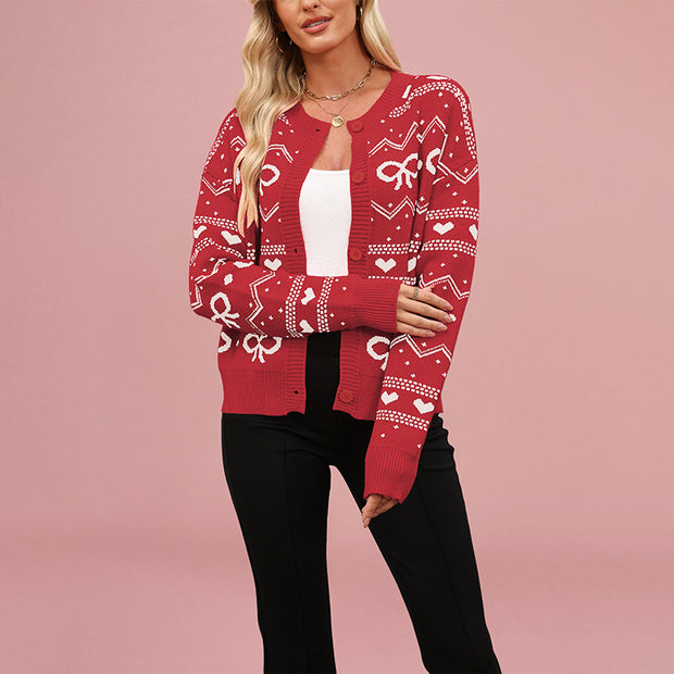 Damen Strickjacke mit verspieltem Herz- und Schleifenmuster WW