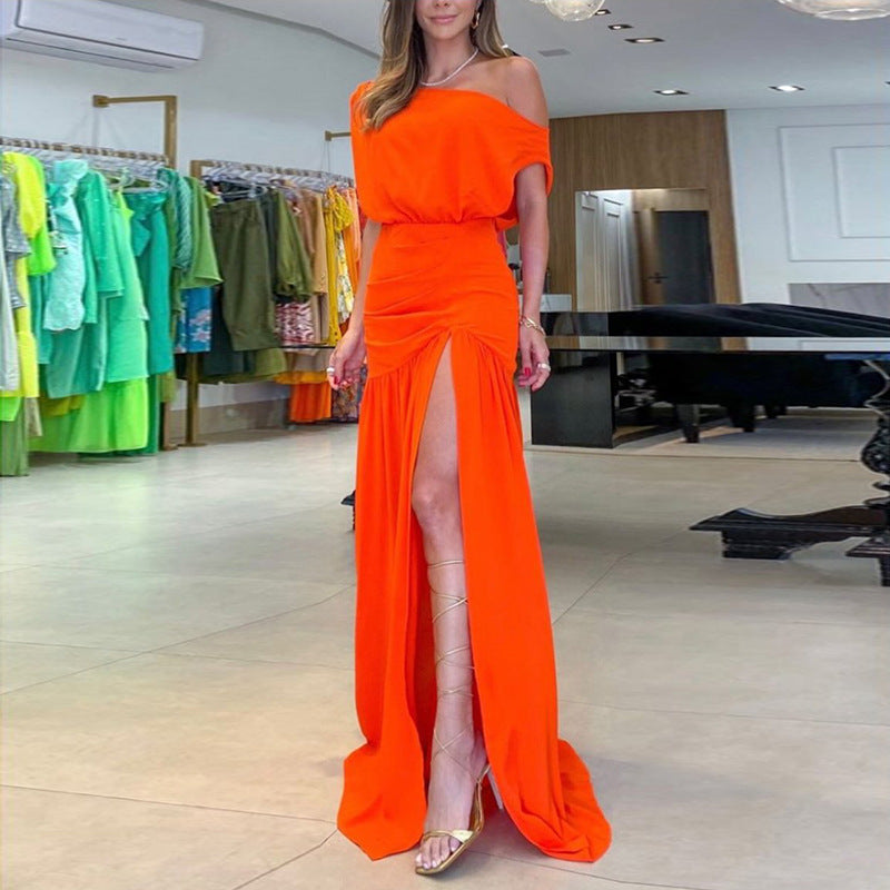 Damen schulterfreies Maxikleid mit fließendem Design und hohem Schlitz W&W Mode