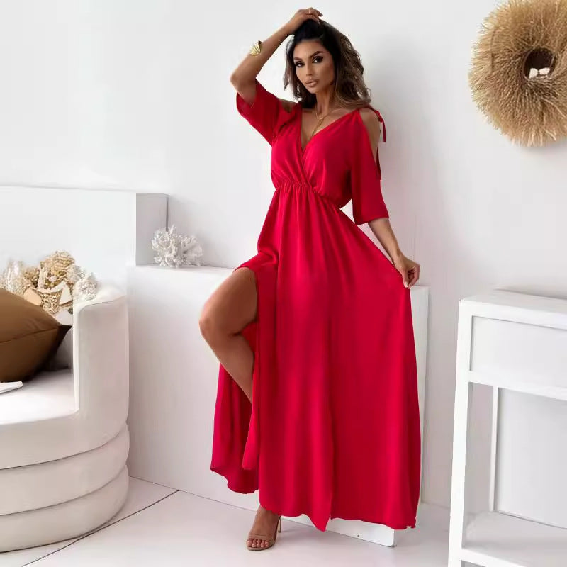 WW | Satin-Träger-Spitzen-V-Ausschnitt-Langes Kleid