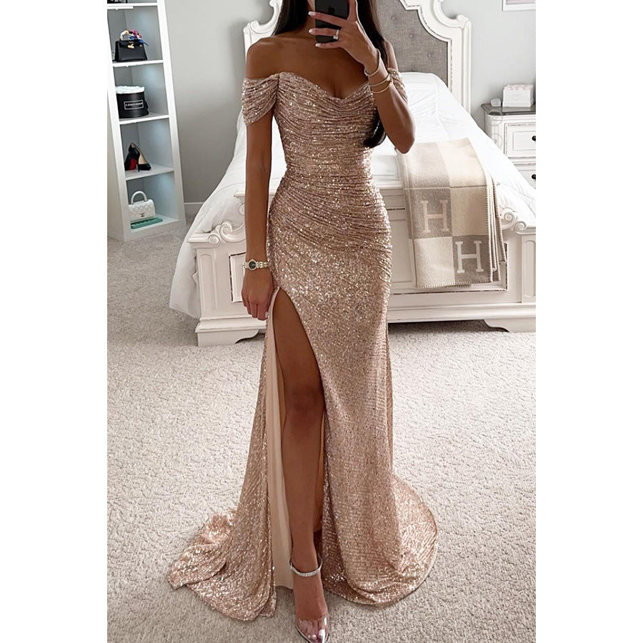Damen Glitzerndes Abendkleid mit schulterfreiem Design und hohem Schlitz WW