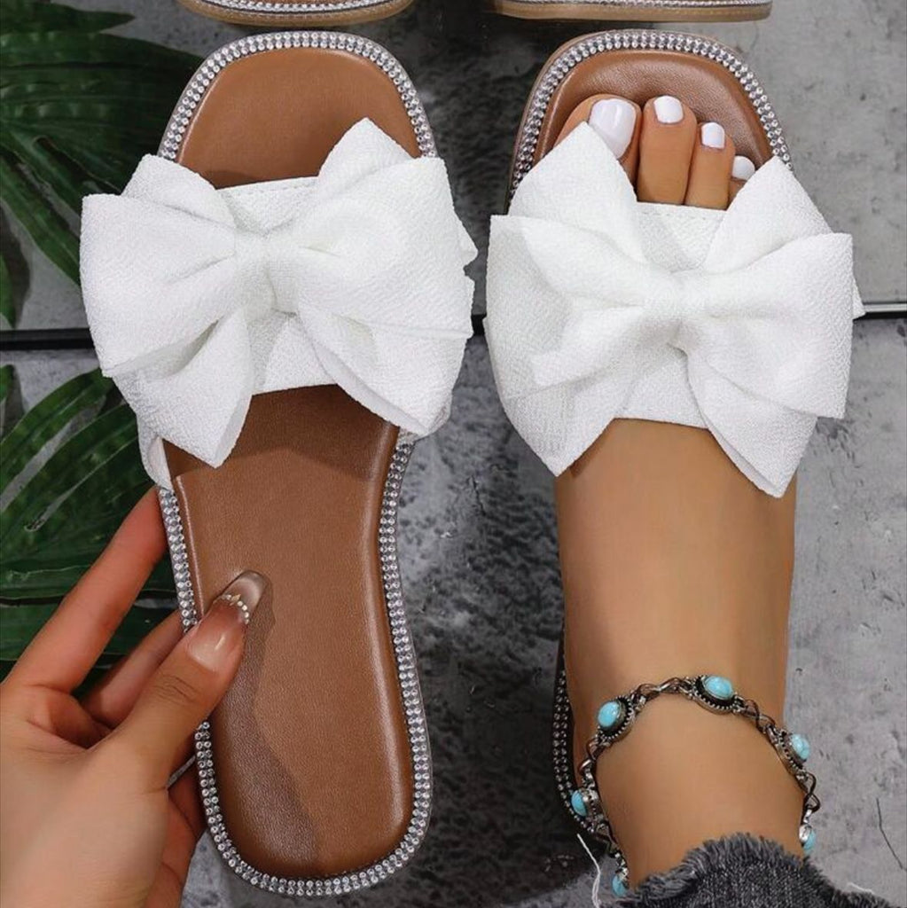 Damen Designer Slide-Sandalen mit großen Schleifen und funkelnden Akzenten WW