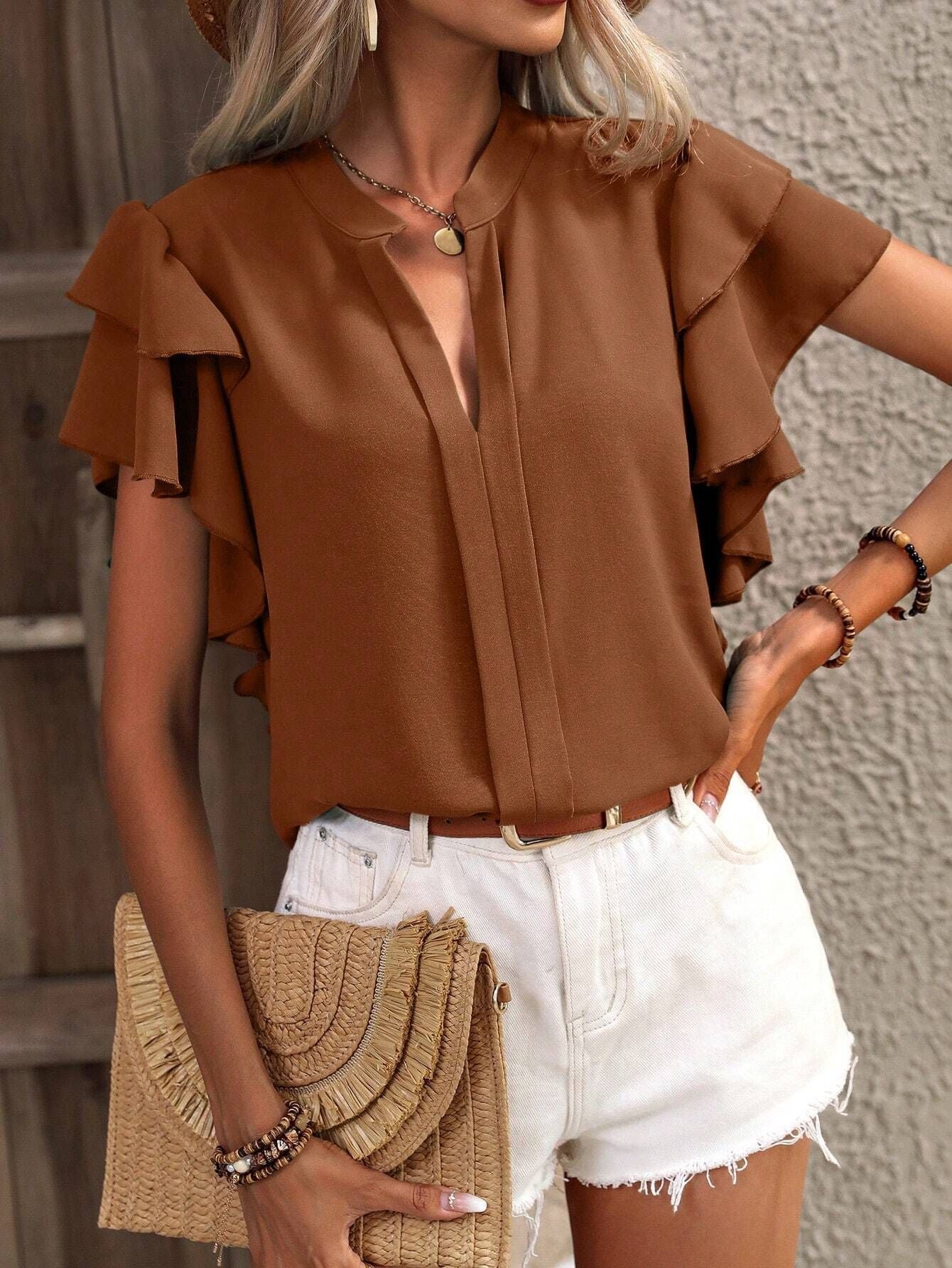 Damen Bluse mit dekorativen Rüschendetails und elegantem V-Ausschnitt WW