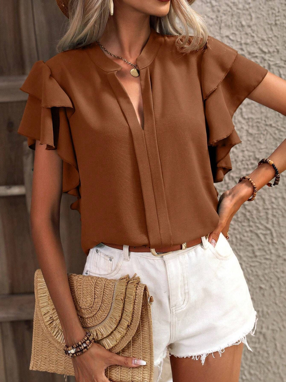 Damen Bluse mit dekorativen Rüschendetails und elegantem V-Ausschnitt WW
