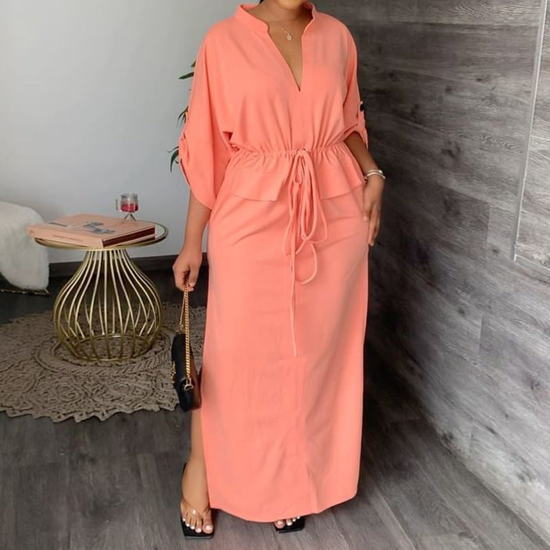 Damen Elegantes Maxikleid mit taillierbarem Gürtel und weit geschnittenen Ärmeln W&W Mode