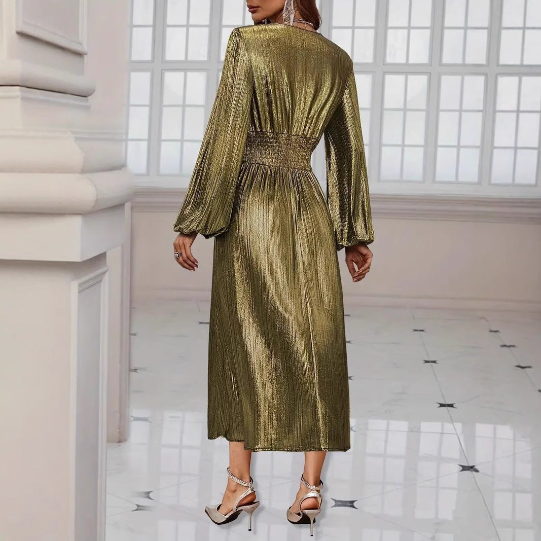 Damen Elegantes Midikleid mit metallischem Glanz und raffinierten Puffärmeln W&W Mode