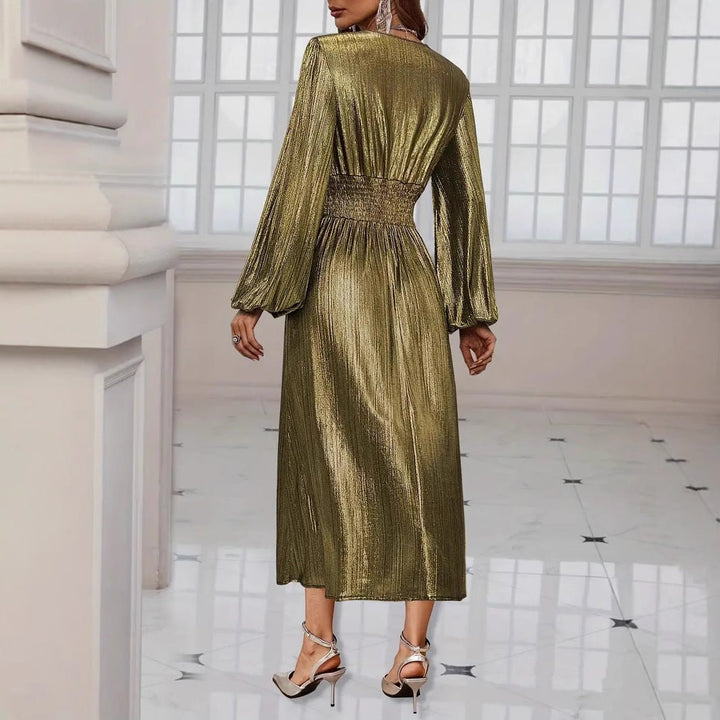 Damen Elegantes Midikleid mit metallischem Glanz und raffinierten Puffärmeln W&W Mode
