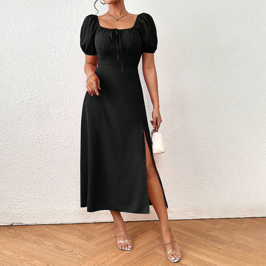 Damen elegantes Maxikleid mit Puffärmeln und seitlichem Schlitz W&W