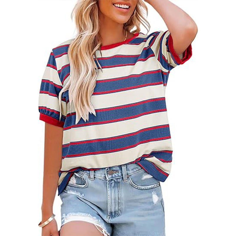 Damen lässiges Streifen T-Shirt mit Kurzarm und Rundhalsausschnitt WW