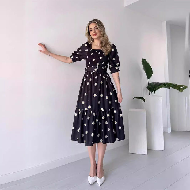 WW | Bedrucktes, taillenbetontes U-Ausschnitt Elegantes Kleid