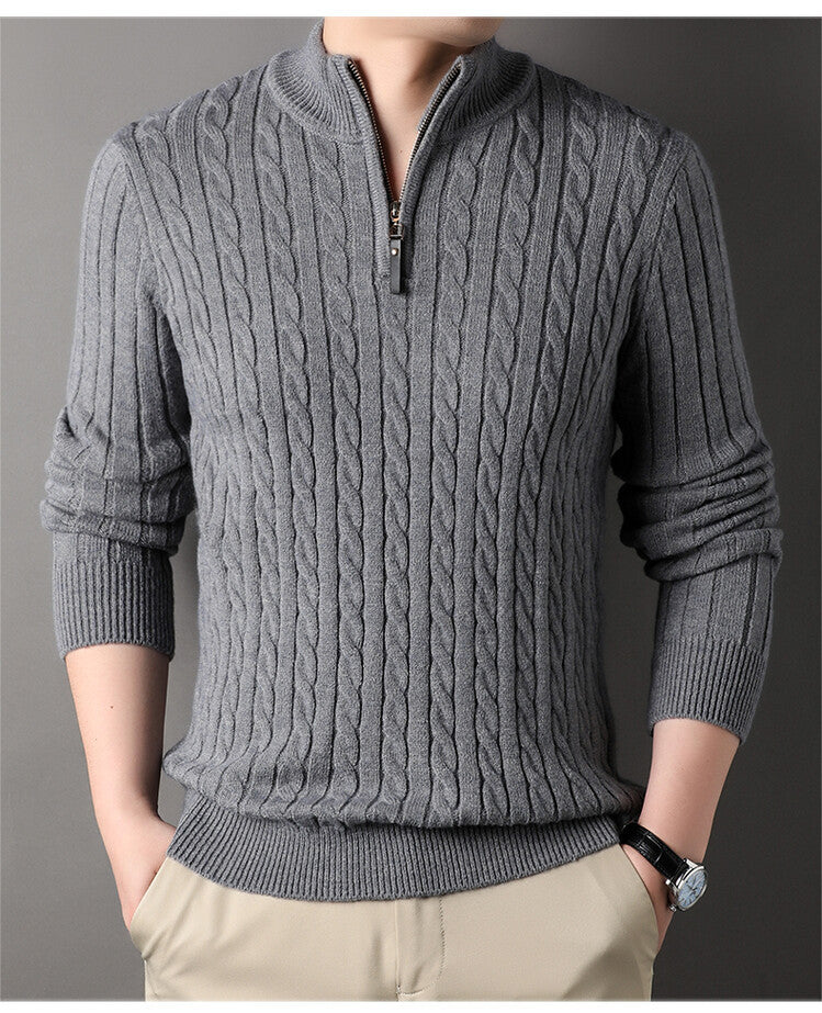 Herren Pullover mit Zipper und strukturiertem Zopfmuster WW
