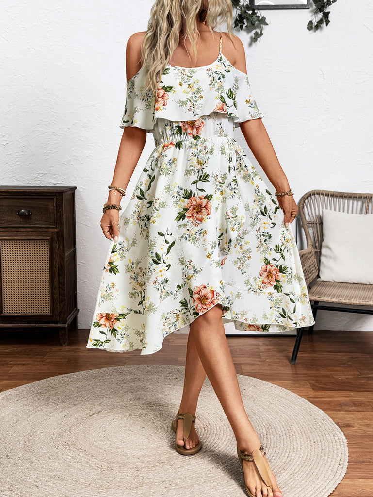 Damen Blume Dekolleté Kleid mit schwingendem Saum und lockerem Schnitt WW