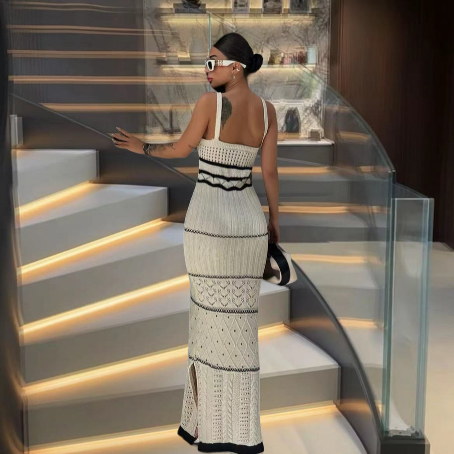 Damen Strick-Maxikleid mit raffinierten Häkelmustern und seitlichem Schlitz WW