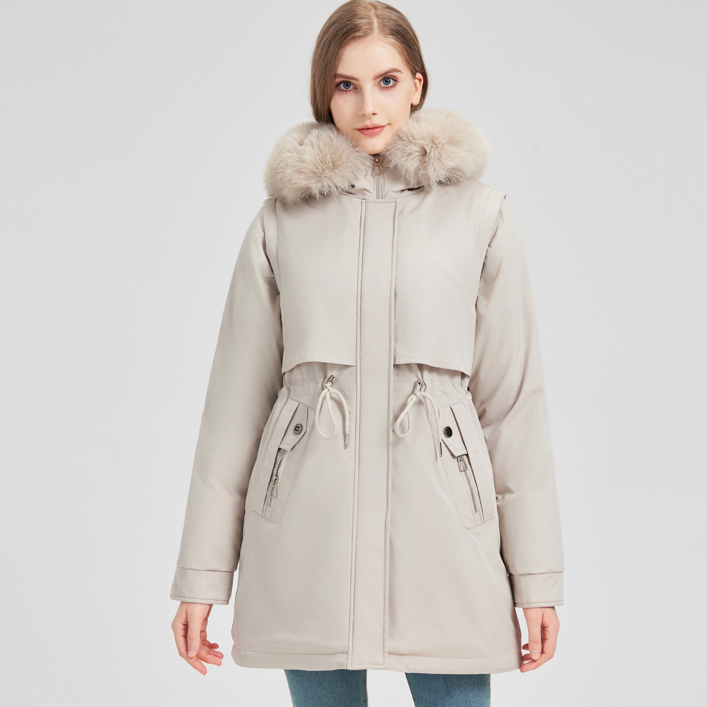 Damen Exklusive Funktionsweste mit abnehmbarer Kapuze und dekorativem Kunstfell WW