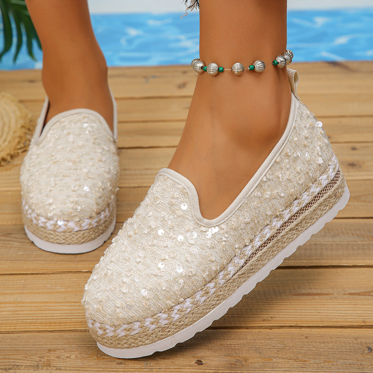Damen Slip-On Espadrilles mit funkelnden Pailletten und komfortabler Plateausohle WW