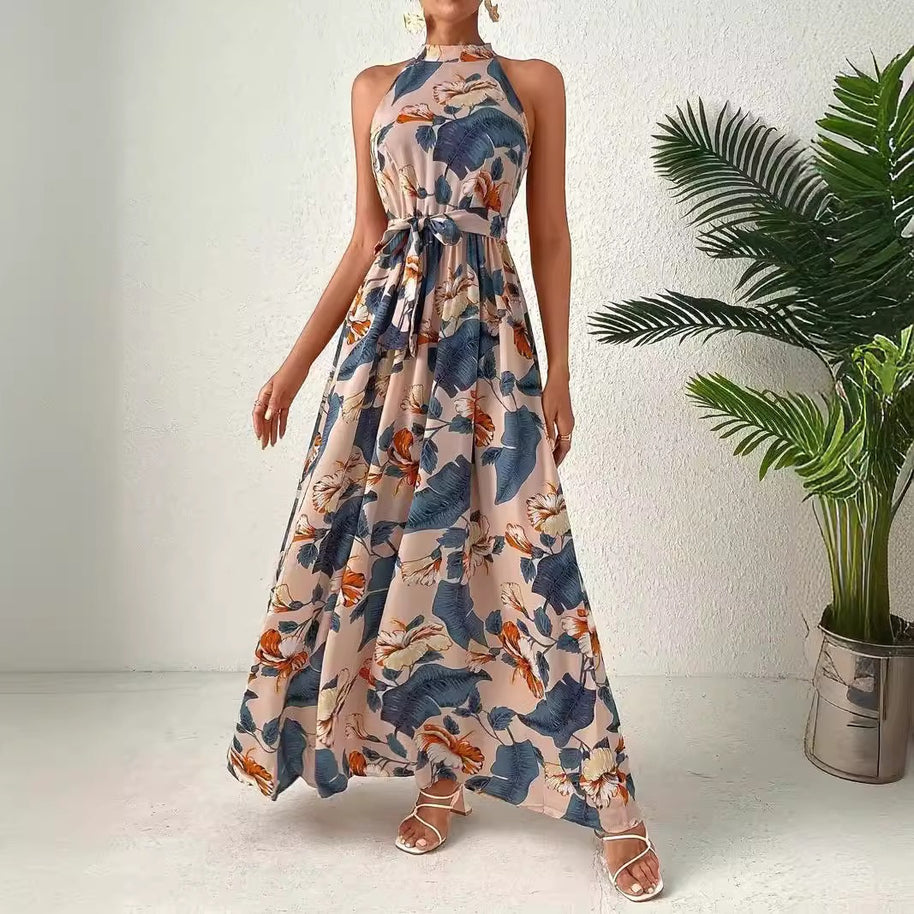 Damen Maxikleid im Boho-Stil mit elegantem Halterneck und seitlichem Bindegürtel WW
