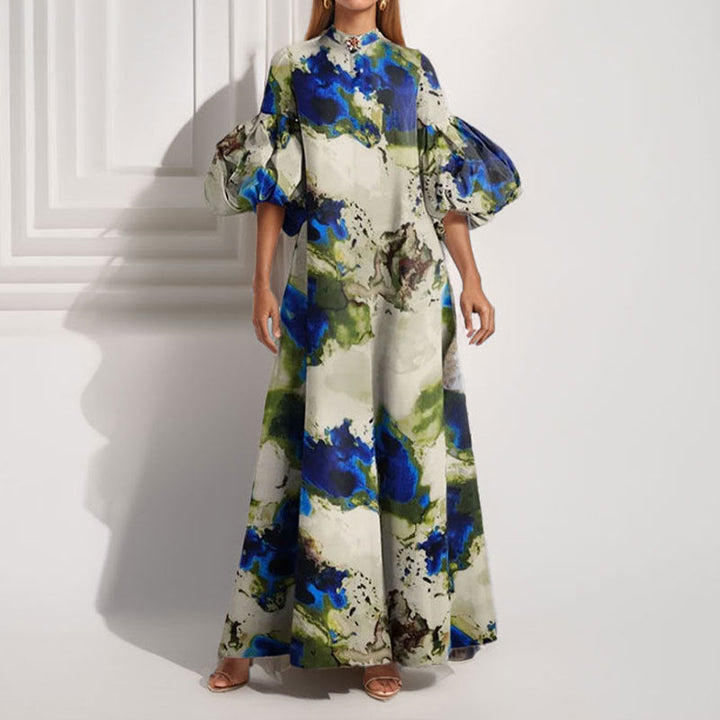 Damen Maxi-Kleid mit Volantärmeln und abstraktem Muster W&W Mode