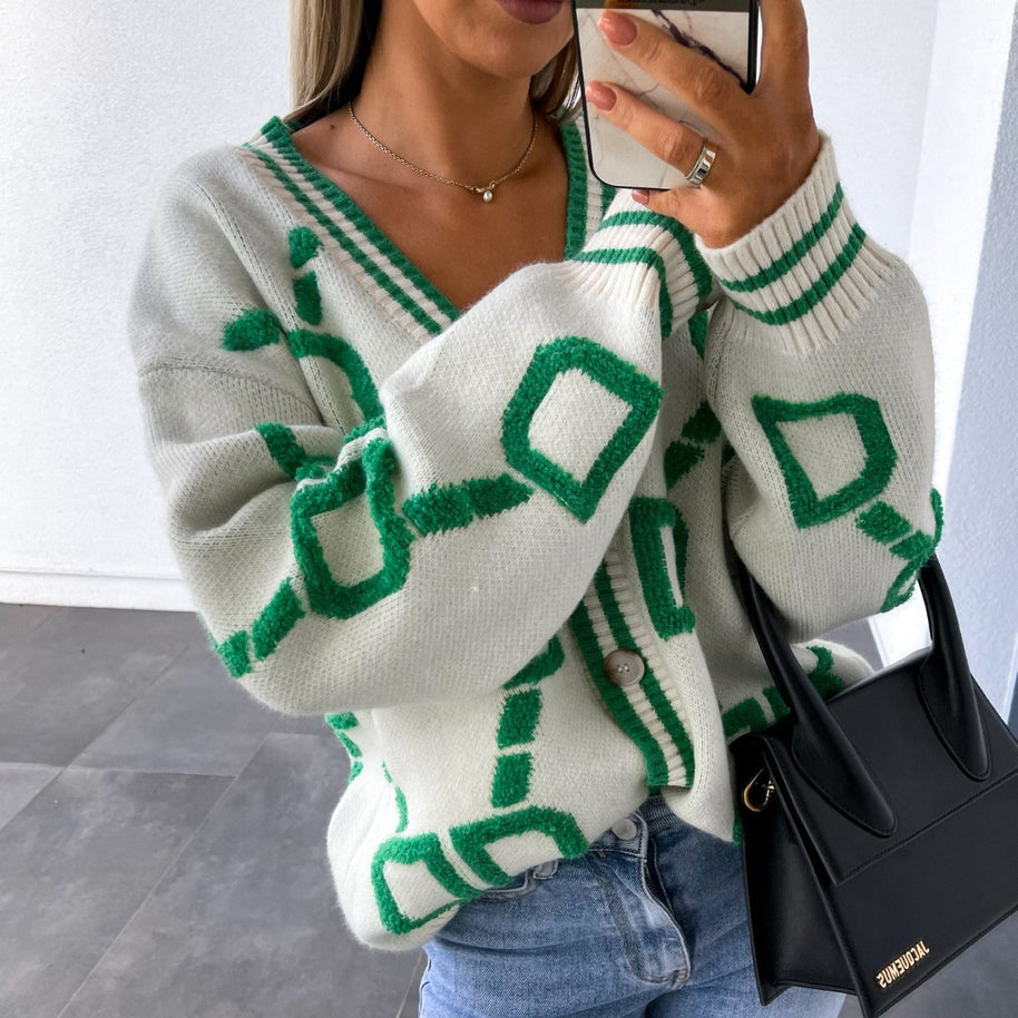 Damen Strickjacke mit grafischem Muster und V-Ausschnitt WW
