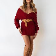 Damen Strickkleid mit festlichem Wickeldesign und dekorativem Gürtel WW