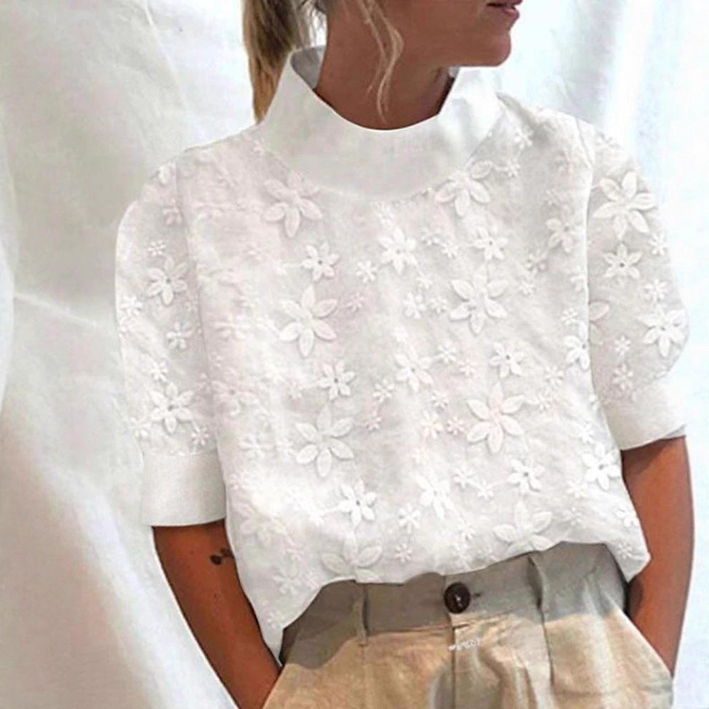 Damen nan leichte bestickte Bluse mit Stehkragen und dreidimensionaler Blütenapplikation W&W Mode