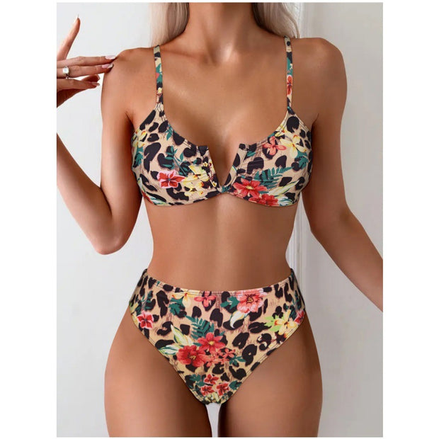 Damen Hochsitzt Bikini mit floralem Muster und leichtem Push-Up Effekt WW