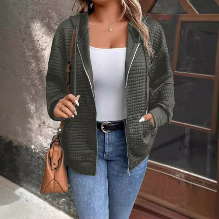 Damen lockere Kapuzenjacke mit strukturierter Waffeloberfläche und praktischen Taschen W&W Mode