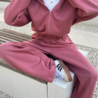 Damen bequemer Fleece-Trainingsanzug mit hohem Kragen und elastischen Bündchen WW