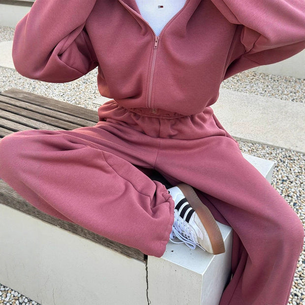 Damen bequemer Fleece-Trainingsanzug mit hohem Kragen und elastischen Bündchen WW