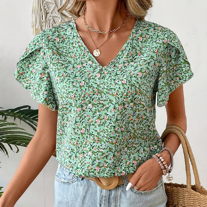 Damen V-Ausschnitt Bluse mit floralem Muster und Rüschendetails W&W Mode