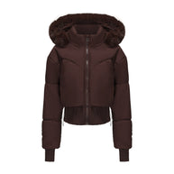Damen cropped Daunenjacke mit abnehmbarer Kapuze und Kunstfellbesatz WW