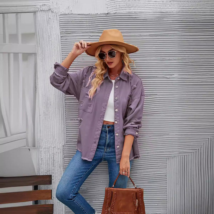 Damen Denim-Hemdjacke im lässigen Oversized-Schnitt mit fransigen Details W&W Mode