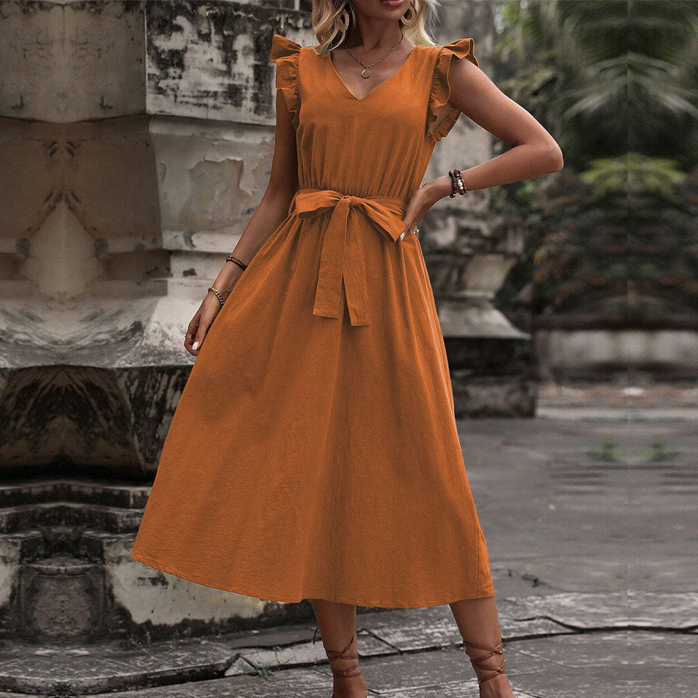 Damen Midi-Kleid mit Rüschendetails und tailliertem Bindegürtel W&W Mode