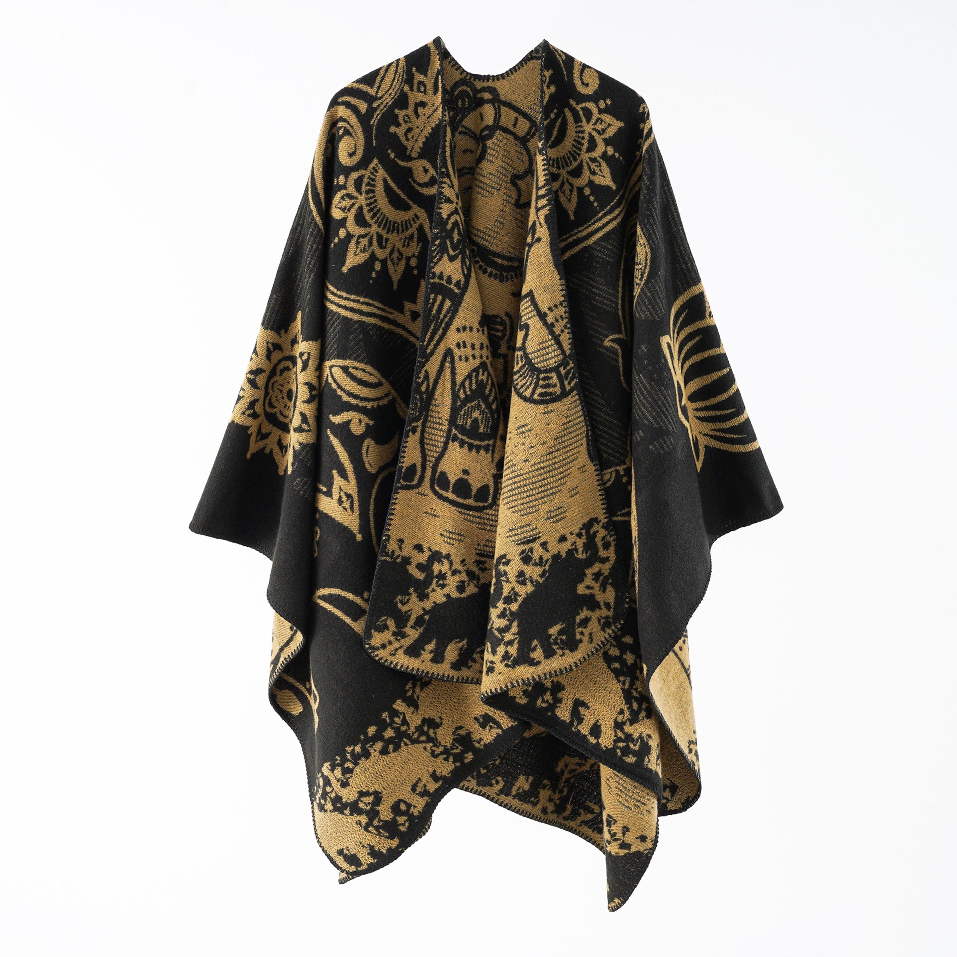 Damen eleganter Übergang-Poncho mit kunstvollem floralen Muster und fransigen Abschlüssen WW