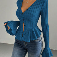 Damen Strickoberteil mit raffiniertem Kellerfalten-Design und Knopfleiste WW
