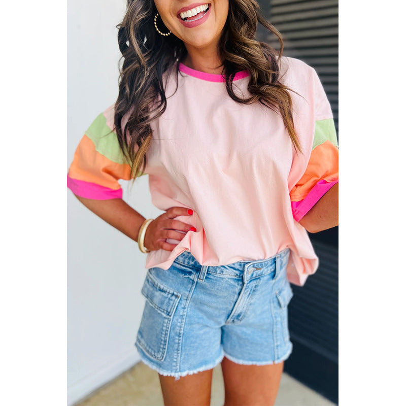 Damen lässiges T-Shirt mit bunten Ärmeln WW