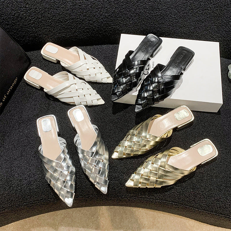 Damen Gewebe Spitz-Zehen Slide Mules mit Dickem Absatz WW