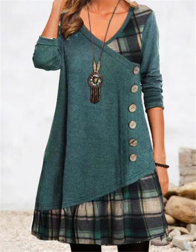 Damen asymmetrisches Freizeitkleid mit kariertem Saum und Knopfdetail WW