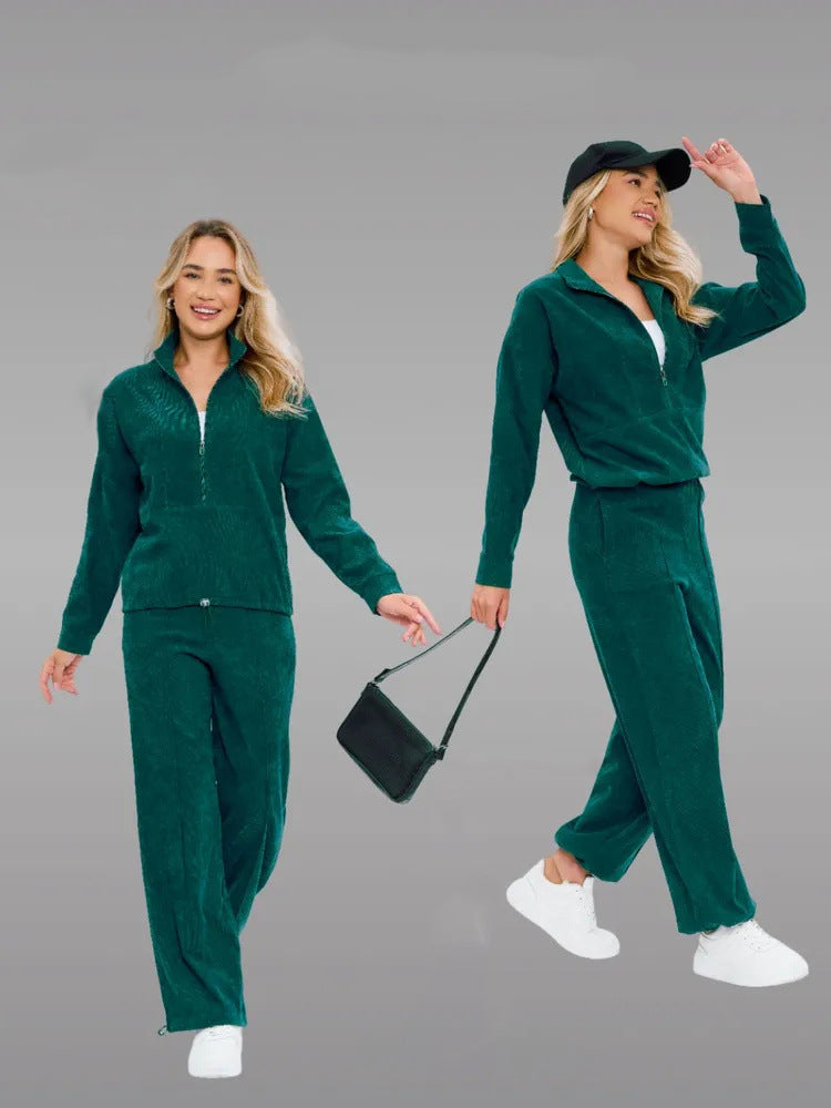Damen sportliches Fleece-Set mit hohem Kragen und weitem Bein WW