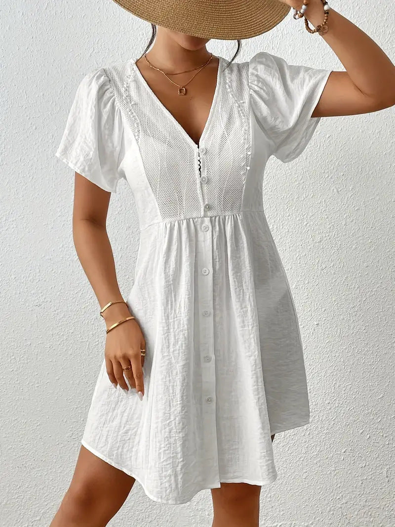 Damen Sommerkleid mit Puffärmeln und Knopfleiste WW