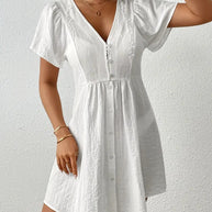 Damen Sommerkleid mit Puffärmeln und Knopfleiste WW