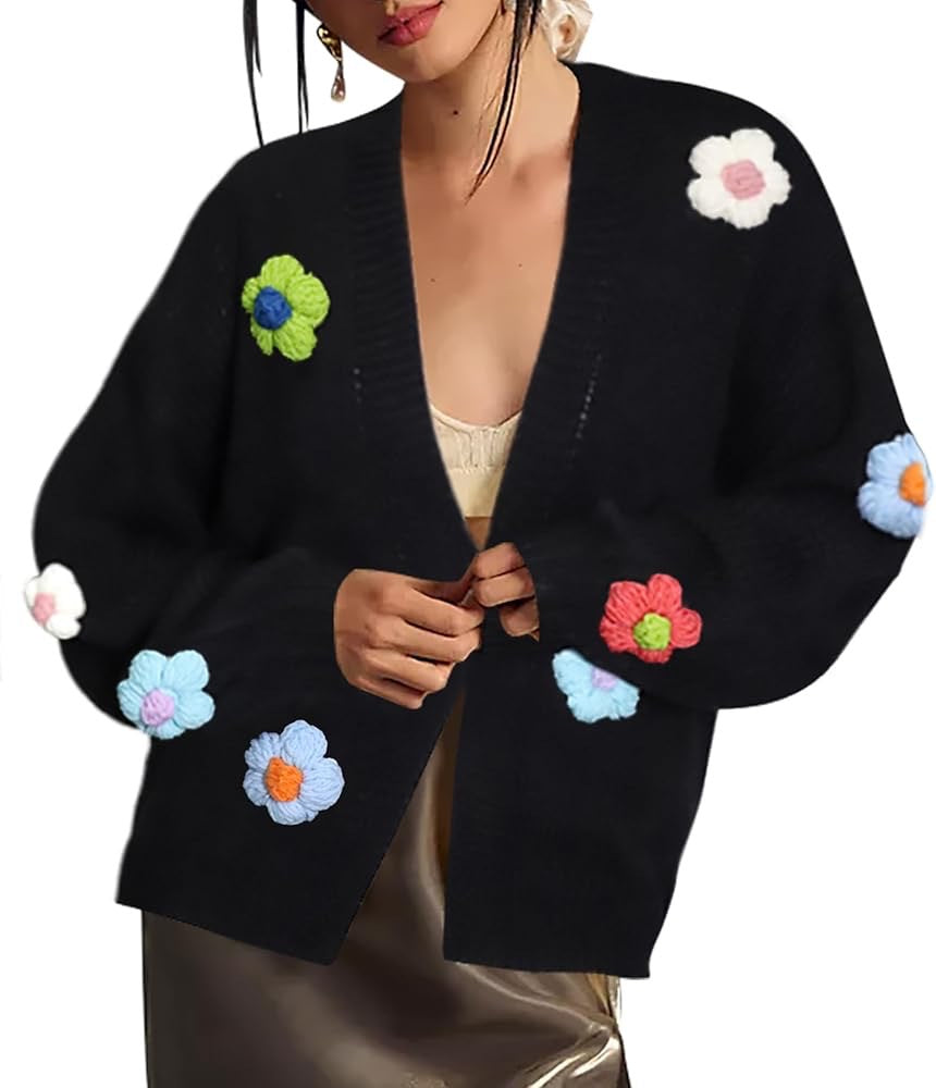 Damen Strickjacke mit Blumenapplikationen WW